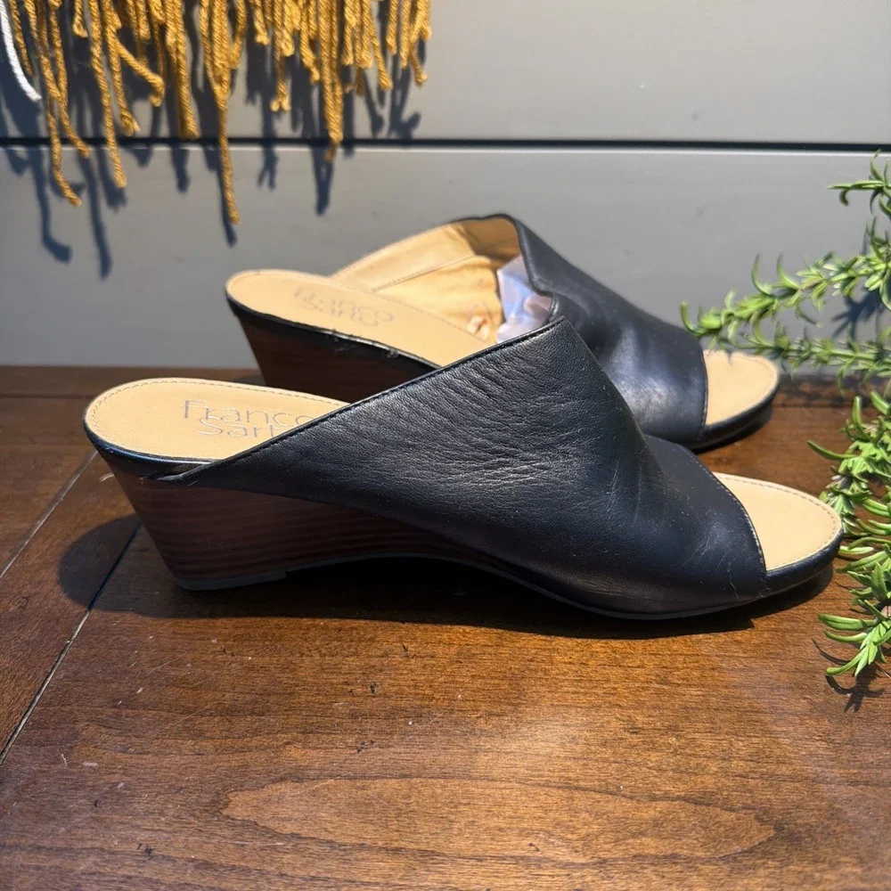 Franco Sarto Dublin Leather Wedge Sandals Heels Size 6 Slip On Open Toe